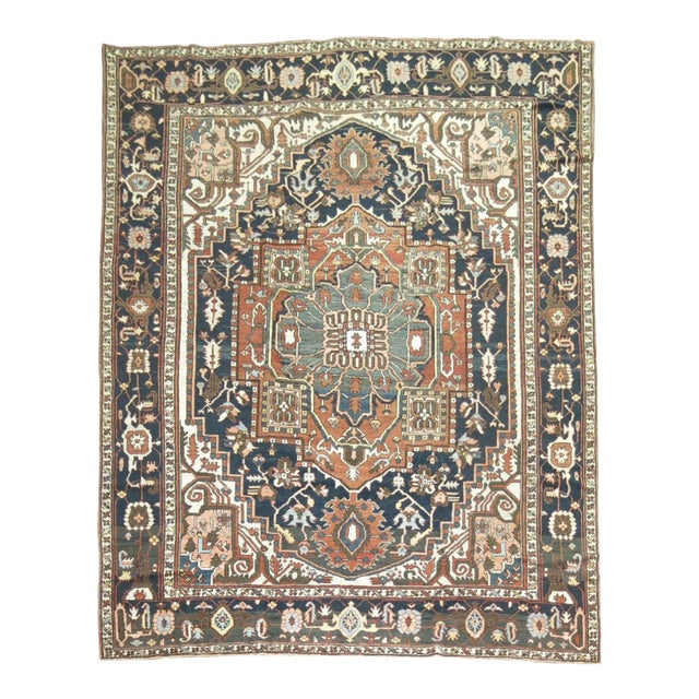 Persian Heriz Charcoal Brown Navy Room Size Early 20th Century Masculine Rug - 9'9" x 12'5" For Sale