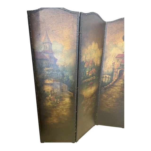 Antique Painted Leather Screen For Sale
