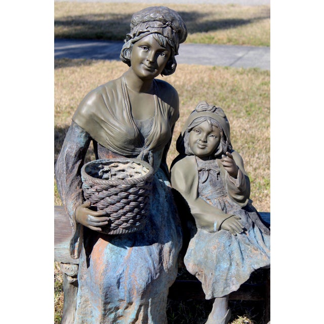 1980s Vintage Life-Size Victorian Mother & Child Garden Sculpture With Bronze Faces, Hands & Upper Body – Garden Bench Statue With Basket Planter, 1980s For Sale - Image 5 of 18