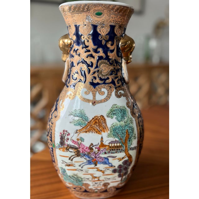 Mid 20th Century Mid 20th Century Chinese Export Vase Hunting Scene Motif With Foo Dog Handles For Sale - Image 5 of 12