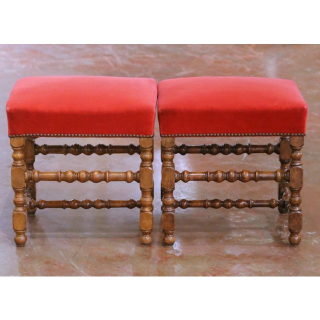 French Pair of 19th Century French Louis XIII Style Walnut Upholstered Stools For Sale - Image 3 of 13