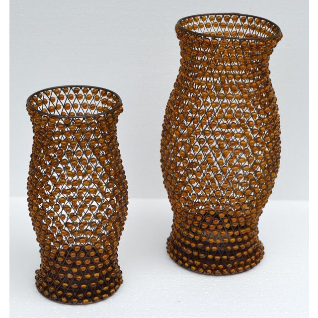 Asian Style Set 2 Vintage Decorative Amber Gemstone Beaded Lattice Hourglass Shaped Candle Holders For Sale - Image 4 of 15