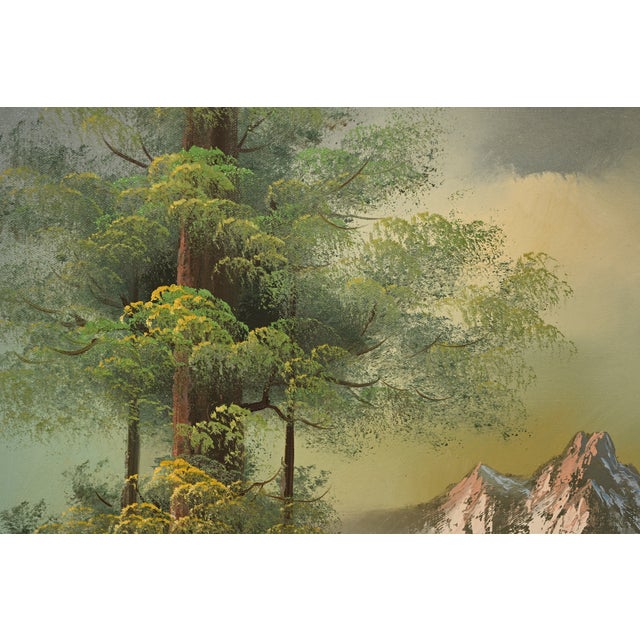 Green Bob Ross Style Original Signed Lakeside Mountain Landscape Oil Painting in Carved Wood Frame For Sale - Image 8 of 16