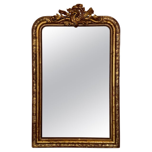 French 19th Century Large Vertical Gold Gilt Mirror with Floral crest For Sale In Miami - Image 6 of 18