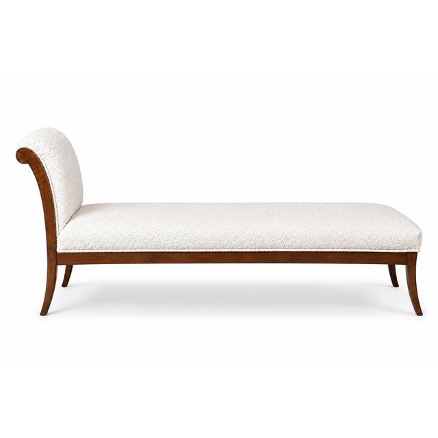 Mid century Klismos chaise lounge . Walnut frame. White Boucle fabric. Custom made by our shop . Chaise is in like new...