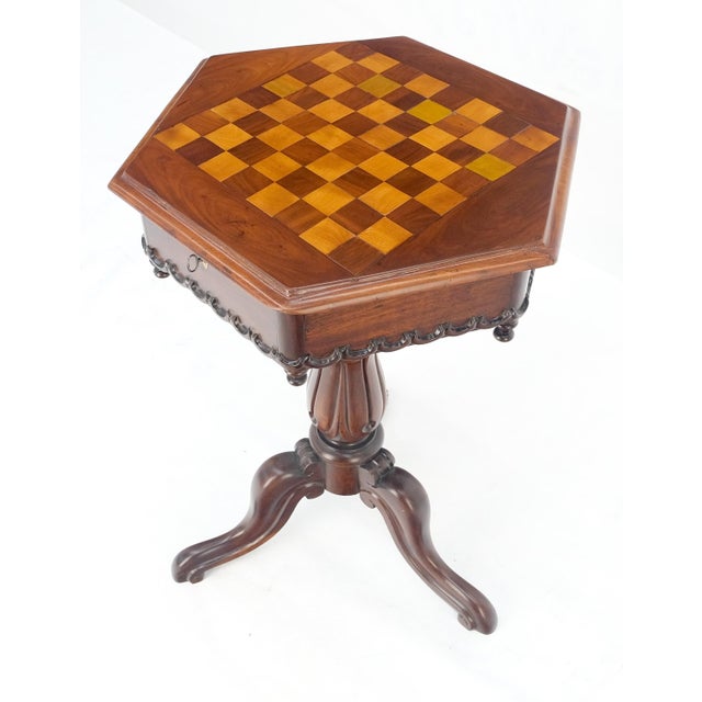 Brown Fine c19th Century Hexagon Shape Lift Top Game Chess Board Lamp Occasional Table For Sale - Image 8 of 9