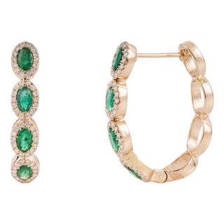 14k Gold 1.7ct Natural Emerald & Diamond Halo Art Deco Hoop Earrings- 2 Pieces For Sale