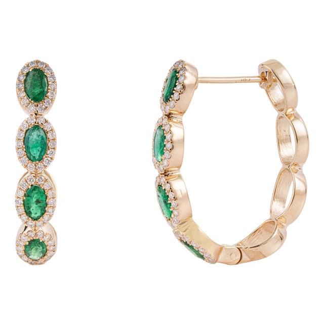 14k Gold 1.7ct Natural Emerald & Diamond Halo Art Deco Hoop Earrings- 2 Pieces For Sale
