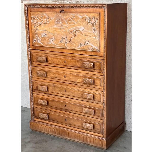 Spanish Fall-Front Secretary Desk in Carved Oak, Spain, circa 1950 For Sale - Image 17 of 18
