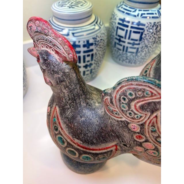 Vintage Thai Terracotta Rooster Bird Sculptures Hand Painted Folk Art – A Pair For Sale - Image 16 of 18