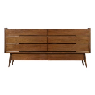 Long Large Mid-Century Modern Walnut Dresser With Brass Accents For Sale
