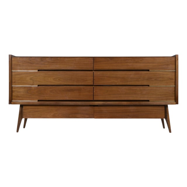 Long Large Mid-Century Modern Walnut Dresser With Brass Accents For Sale
