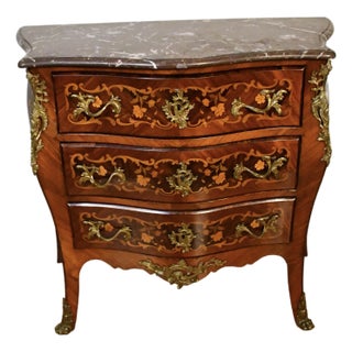 1890 Antique French Louis XV Rosewood Satin Wood Inlaid Marble Top Commode For Sale