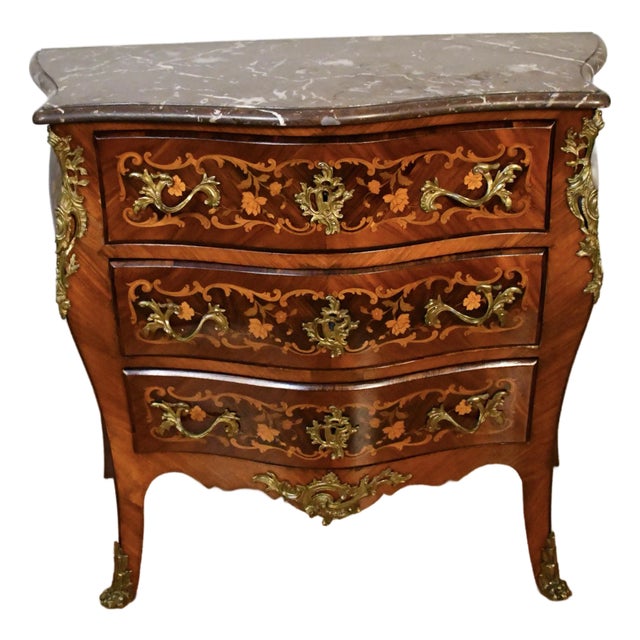 1890 Antique French Louis XV Rosewood Satin Wood Inlaid Marble Top Commode For Sale