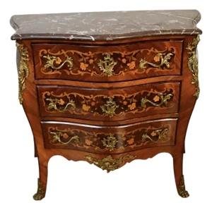 1890 Antique French Louis XV Rosewood Satin Wood Inlaid Marble Top Commode