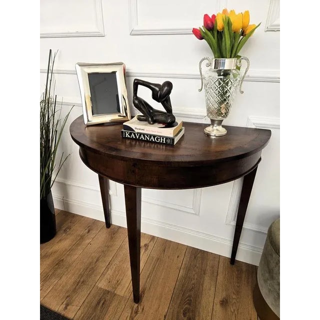 Mid-Century Italian Wood Inlaid Demi-Lune Wall Console Table, 1960s For Sale - Image 3 of 10