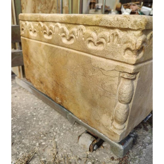 Carved Botticino Marble Sink with Central Red Verona Marble Inlay For Sale - Image 6 of 9