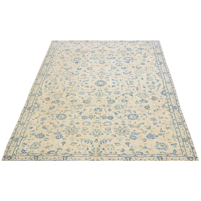 Persian 1960s Vintage Persian Distressed Handmade Floral Ivory Wool Rug For Sale - Image 3 of 7