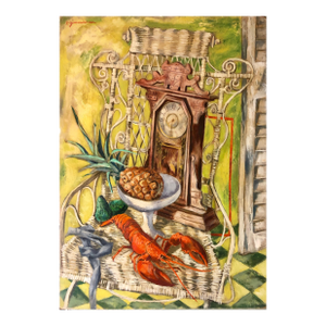 Paul ZimmermanModernist Oil Painting Still Life Tableaux with Lobster, Pineapple and Clock, c.1950s