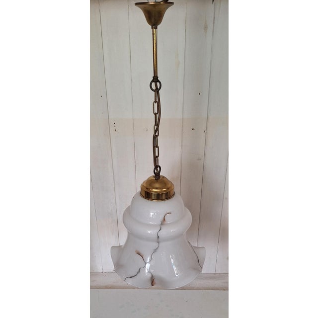 Vintage Brass Pendant with Grey Marbled White Glass Shade, 1970s For Sale - Image 4 of 7