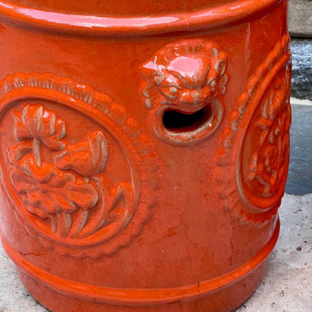 Mid Century Orange Ceramic Garden Stools With Floral Medallions & Lion Head Handles For Sale - Image 12 of 12