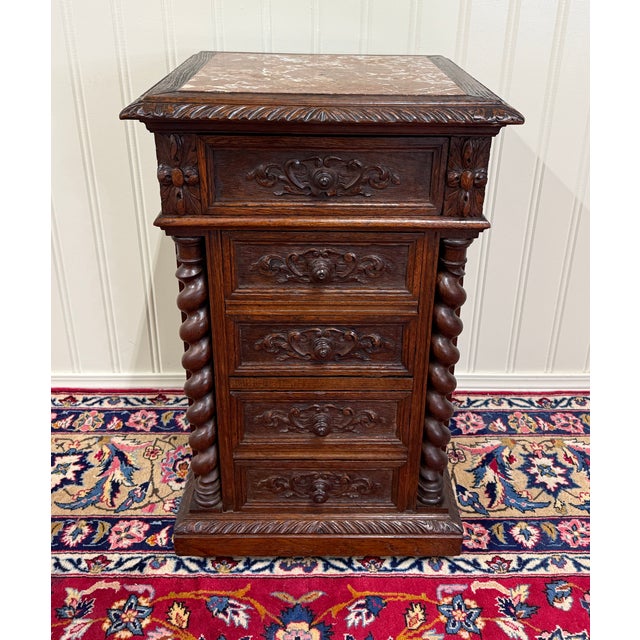 Antique French Marble Top Chest Side or End Table Nightstand Barley Twist Oak For Sale - Image 16 of 18