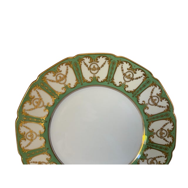 1910s Antique Royal Doulton Robert Allen Dinner Plates Mint Green Gold Gilt 10” Set of 12 (Dated 1916/1925) For Sale - Image 5 of 12