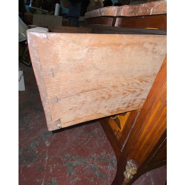 Antique French Louis XV - XVI Style Marble Top and Marquetry Inlaid Commode For Sale - Image 9 of 13
