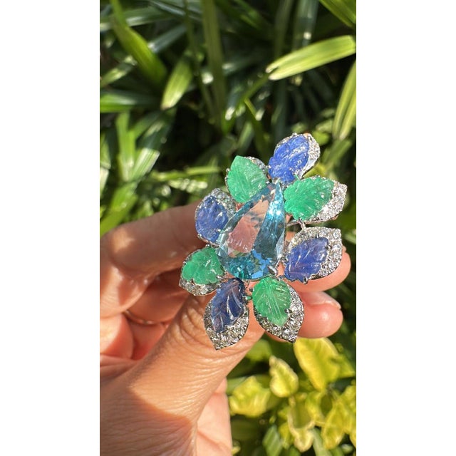 Set in 18k Gold, Aquamarine, Blue Sapphires, Emeralds & Diamonds Cocktail Ring, Us Size 7 For Sale - Image 10 of 10