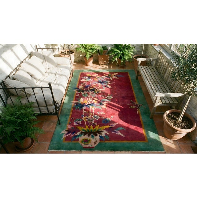 Amazing Pink Blush Color and Turquoise Teal Border With Floral Design Antique Chinese Art Deco Rug For Sale - Image 13 of 14