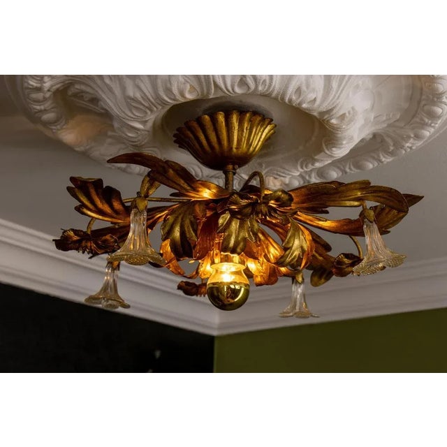 Metal Italian Hollywood Regency Gilt Metal and Glass Flower Ceiling Light, 1970s For Sale - Image 7 of 18