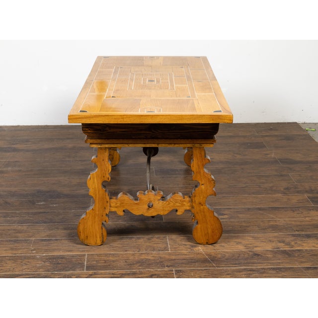 Wood Italian Baroque Style 1880s Walnut Desk with Inlaid Top and Carved Lyre Base For Sale - Image 7 of 12