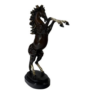 Bronze Rearing Horse Sculpture, 25” H – Prancing Stallion on Marble Base For Sale
