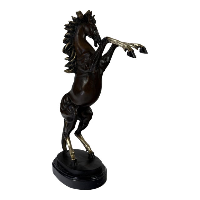 Bronze Rearing Horse Sculpture, 25” H – Prancing Stallion on Marble Base For Sale