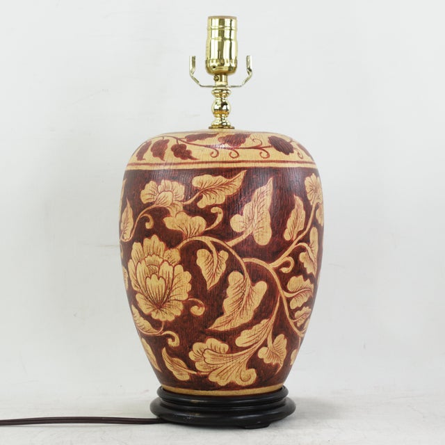 Vintage Hand Painted Brown and Cream Floral Ceramic Table Lamp With Peony Motif and Wood Base For Sale - Image 4 of 13