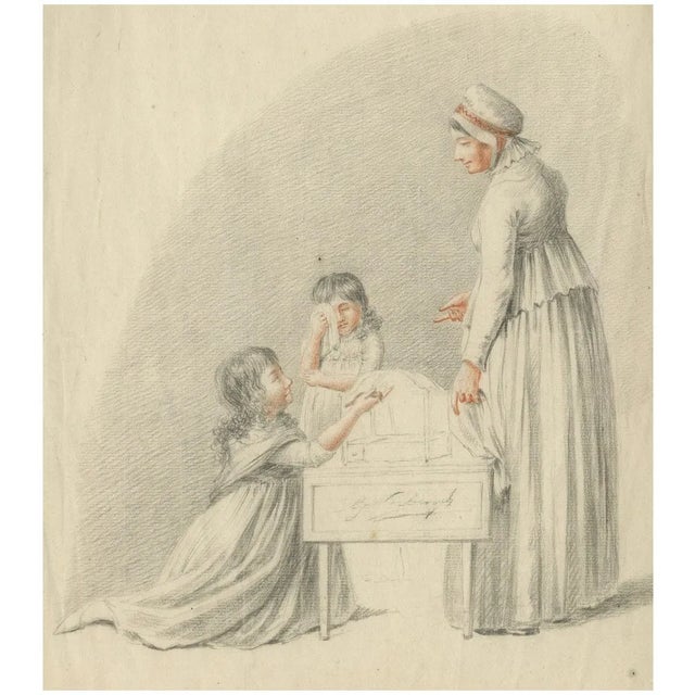 G. Verburgh, Children Around a Cradle, 1800, Chalk on Paper For Sale