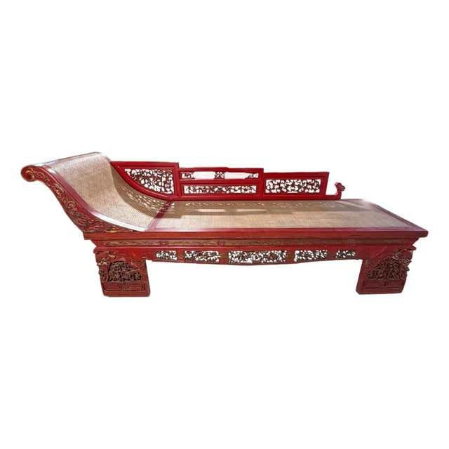 Vintage Chinoiserie Red Lacquer Princess Daybed 90" W For Sale