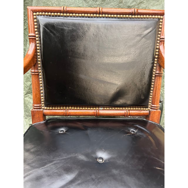 Mid-Century Hollywood Regency Faux Bamboo & Tufted Black Leather Armchair For Sale - Image 4 of 11
