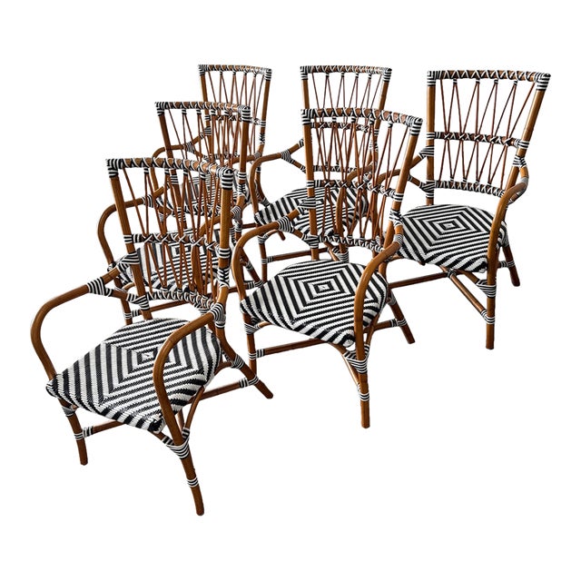 Cb2 Woven Rattan Bistro Dining Armchairs, Set of Six For Sale