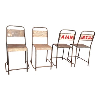 Set Four French Country Hammered Counter Stools Bar Stools Industrial Red Sign For Sale