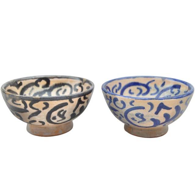 Early 20th Century Antique Moroccan Blue & Black Calligraphy Ceramic Bowls - 2 Pieces For Sale - Image 5 of 9