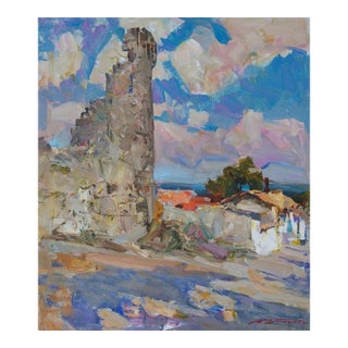 Antique Cityscape Oil Painting, Ukrainian Soviet Art 1964 70-60 For Sale