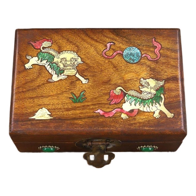 Vintage Chinese Rosewood Box With Mother-of-Pearl Fu Dogs & Jade Clasp For Sale