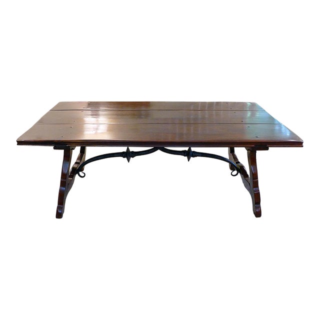 Spanish Colonial Style Coffee Table With Trestle Base and Wrought Iron