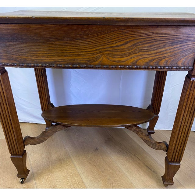 Wood Elegant Vintage Oak Side Table With Drawer & Lower Shelf – Classic Fluted Legs For Sale - Image 7 of 8