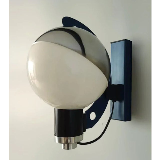 Vintage Italian wall lights with opaline white glass balls mounted on metal frames in blue and white / Made in Italy,...