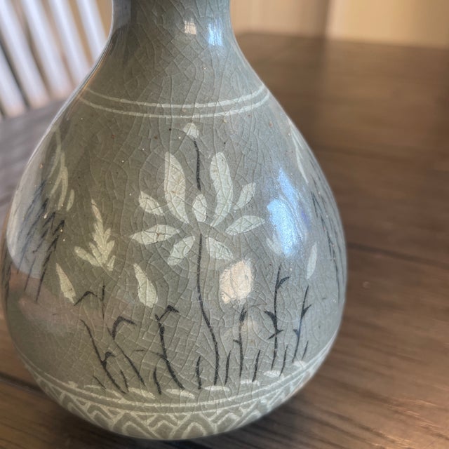 Mid-Century Modern 1970s Mid-Century Studio Celadon Double-Gourd Vase With Inlaid Lotus and Medieval Seal Mark For Sale - Image 3 of 12