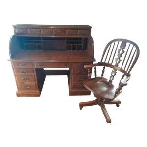 1970s Ethan Allen Roll-Top Desk and Chair - Set of 2