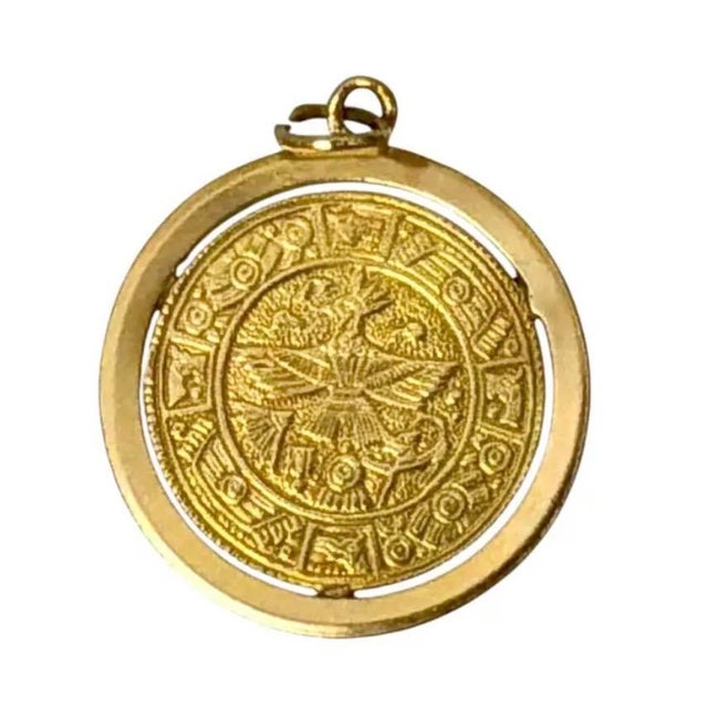 Modern 14k Gold Aztec Calendar Medallion Pendant Vintage For Sale - Image 3 of 7