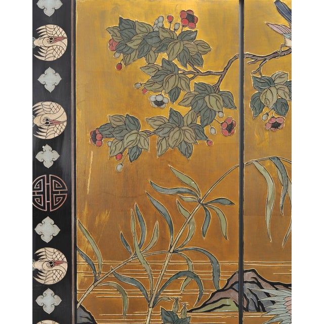 Chinese Export Lacquered Gilt Coromandel Screen Cranes and Ducks For Sale - Image 13 of 18